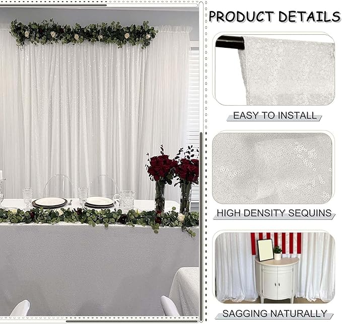 White Sequin Backdrop 2FTx8FT 4 Panels Curtains Party Curtains Sparkle Glitter - Image 6