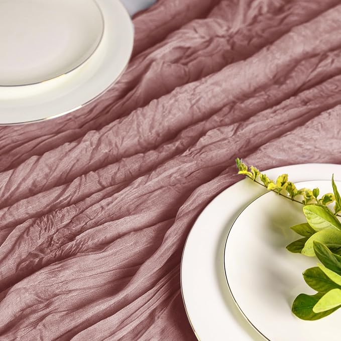 Hahuho Dusty Pink Cheesecloth Table Runner 10ft, Gauze Boho Rustic Table Runners - Image 2