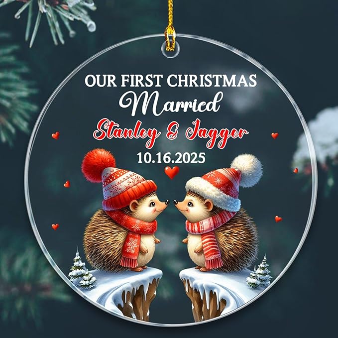 Our First Christmas Married Ornament, Custom Date/Name Mr & Mrs Hedgehog by BixDori