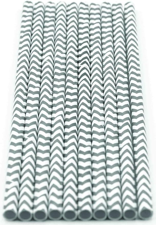 Pack of 150 Gray Chevron Biodegradable 4-Ply Paper Drinking Straws - Image 2