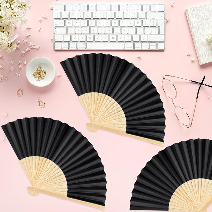 24 Pieces Black Hand Held Bamboo Folding Fans Paper Fans Handheld - Image 6