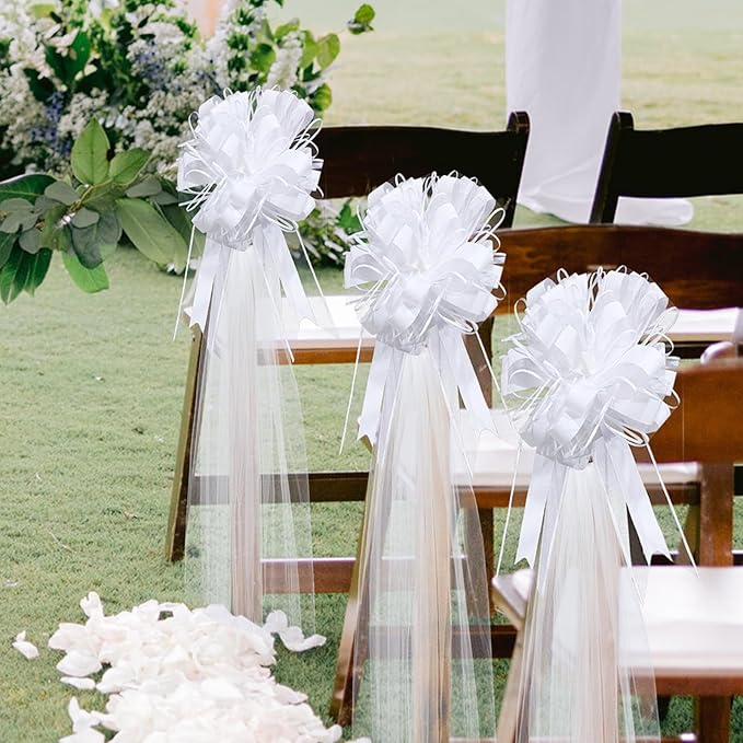 30 Set Wedding Pew Bows with Long Tulle Tails Wedding Aisle Decorations Church - Image 6