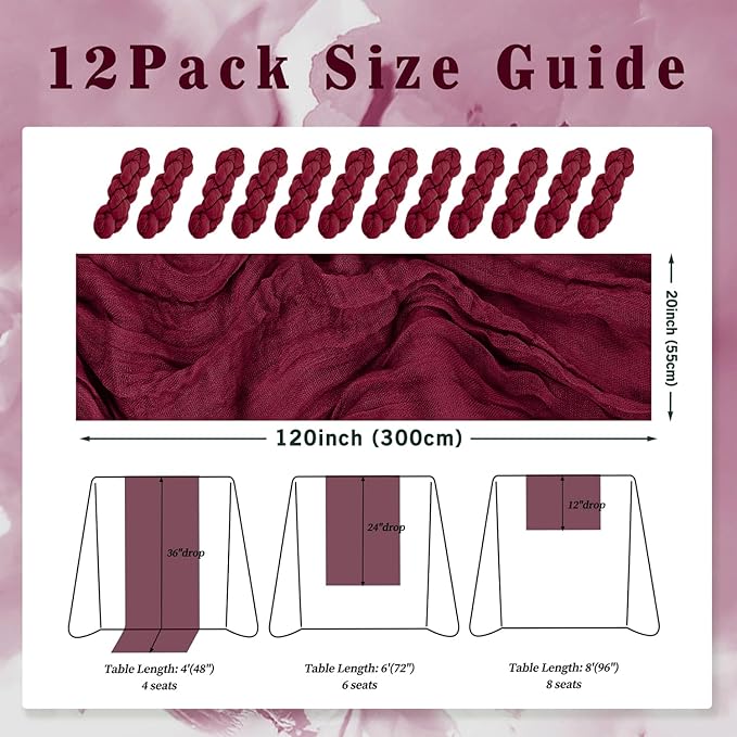 Burgundy 12 Pack Cheesecloth Table Runner 10FT Rustic Gauze Cheese Cloth Table - Image 2
