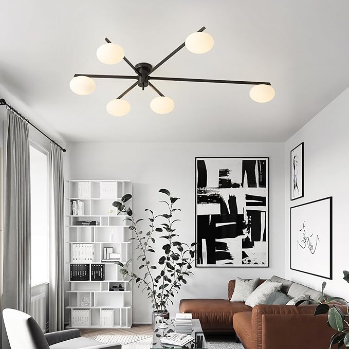 6-Light Mid Century Semi Flush Mount Black Matte Sputnik Chandelier Fixtures - Image 8