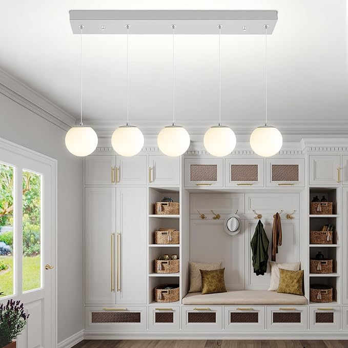 5-Lights Globe Pendant Light for Kitchen Island H 98" Silver Rectangle - Image 2