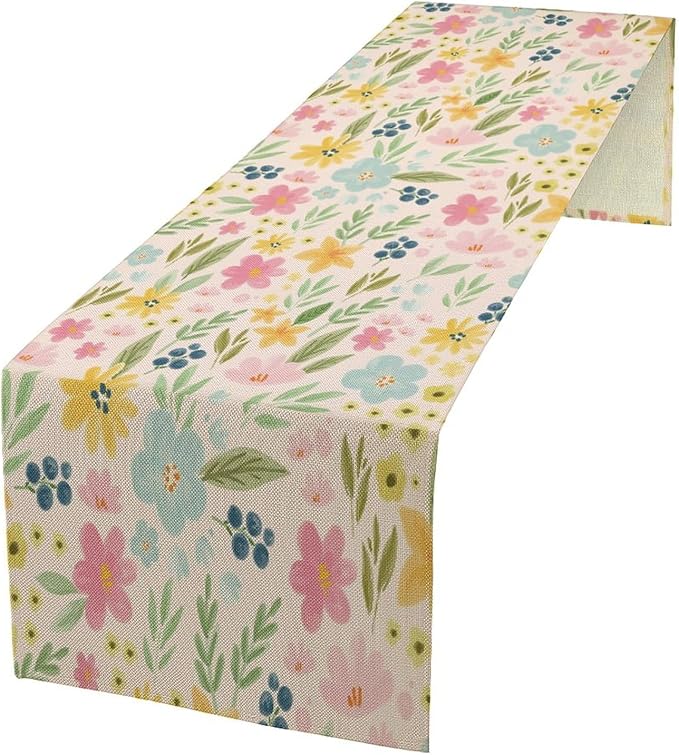 Floral Table Runner, Boho Style Watercolor Flower Green Leaf Plant Rectangle - Image 8