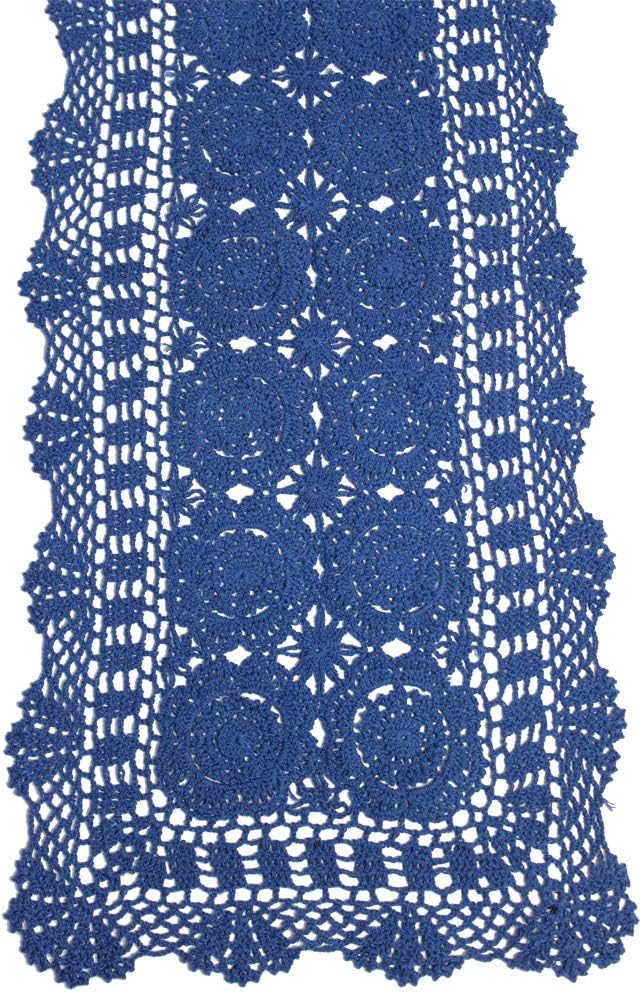 KEPSWET Cotton Handmade Crochet Lace Table Runner Blue Rectangle Coffee Table by KEPSWET
