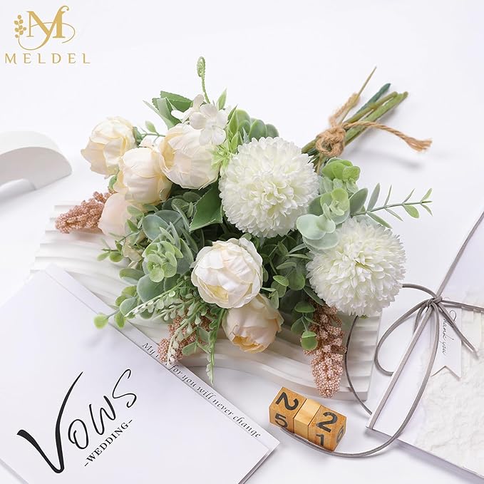 Meldel 3Pcs Rose Bouquet Light Champagne Artificial Flowers Peony Eucalyptus - Image 5