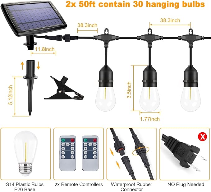 Solar String Lights Remote Control, 100FT Dimmable Outdoor String Lights - Image 2