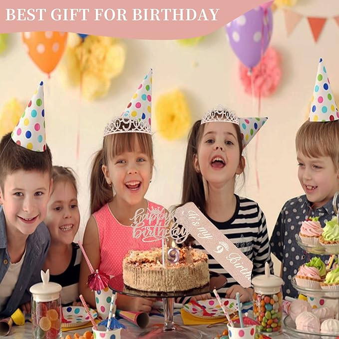 9th Birthday Decorations for Girl Including Sash, Numeral Candle and Cake Topper - Image 3