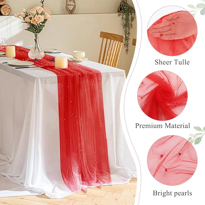 Set of 6 Pearl Table Runner 29 x 120 Inch Tulle Fabric Lace Table Runners Boho - Image 3