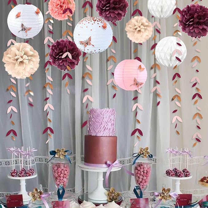 Burgundy Rose gold Pink Party Decorations Lanterns Flowers Pom Pom - Image 5