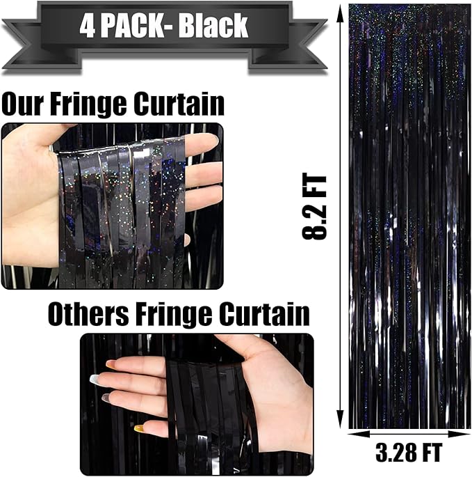 4 Pack Black Tinsel Foil Fringe Curtain Backdrop, 3.28Ft x 8.2Ft Metallic - Image 2