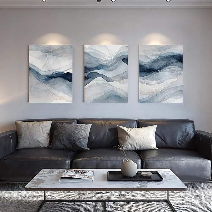 IAFWZX Framed Blue Gray Abstract Wall Art, Modern Minimalist Waves Wall Decor - Image 5