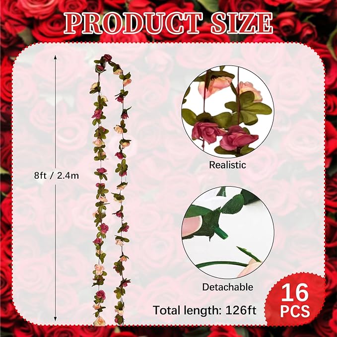 16Pcs 126Ft Dark Pink&Yellow Rose Garland, Fake Rose Hanging Flowers, - Image 2