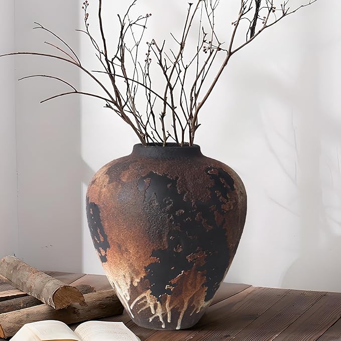 Rustic Vase for Flowers, 8.9'' Brown Farmhouse Ceramic Vases for Home Decor by TISEMENT