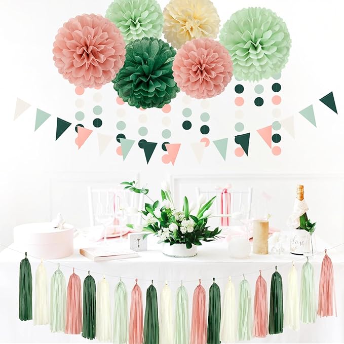 Sage-Olive Green Pink-Beige Boho Party Decorations -23pcs Rustic Neutral - Image 6