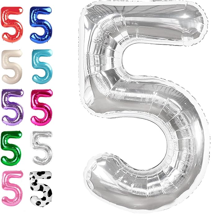 Silver 40 Inch Large Number 5 Birthday Balloon, Five 5th 15 25 35 50 55 by Upgesy