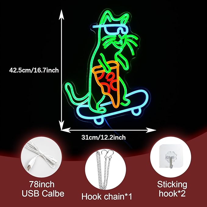 Skateboard Cat Neon Sign LED Cool Glasses Cat Neon Light - Image 2