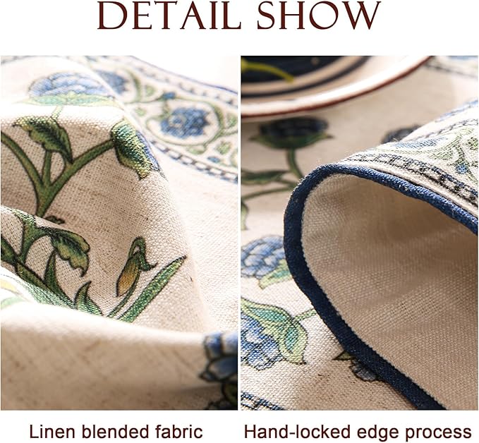 patdrea Designer Blue Rustic Elegant Floral Patterned Linen Table Runner 87 - Image 5
