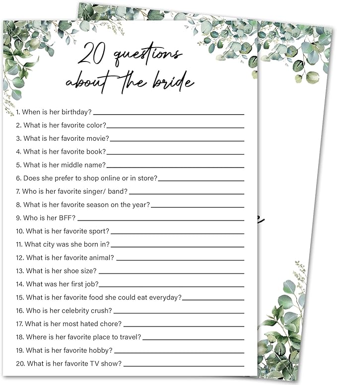 Eucalyptus Bridal Shower Game Cards by HOME