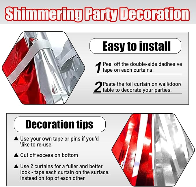6 Pack Red Silver Foil Fringe Curtain Backdrop, 3.28Ft x 8.2Ft Metallic Tinsel - Image 3