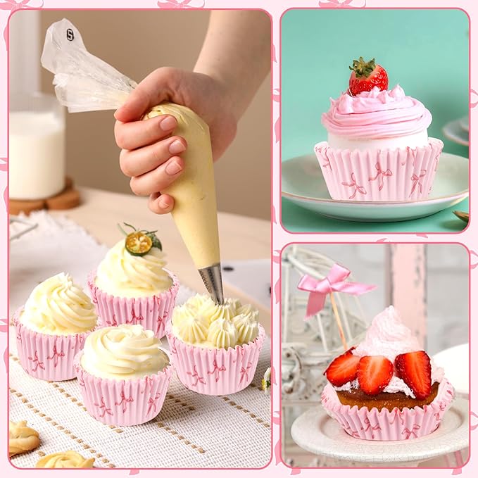 300pcs Pink Bow Cupcake Liners, Bow Cupcake Wrappers Pink Baking Cups - Image 7