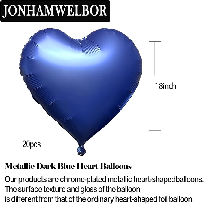 Jonhamwelbor 20Pcs 18 inch Metallic Blue Foil Mylar Heart Shape Balloons - Image 2