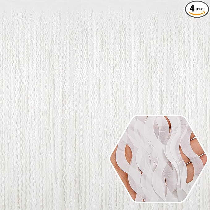 4 Pack Macaron White Wave Foil Fringe Curtain Backdrop, 3.28Ft x 8.2Ft Metallic by Ferwzsr