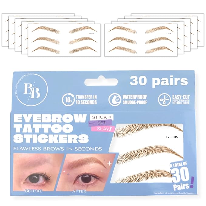 Bliss and Beyond USA Eyebrow Tattoo Stickers Waterproof – 30-Pair Deluxe Box | by BlissandBeyondUSA