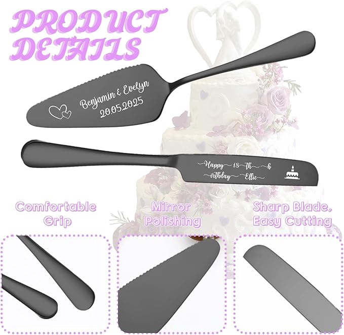 Custom Wedding Cake Knife and Server Set, Personalised Cake Serving Kit - Image 3