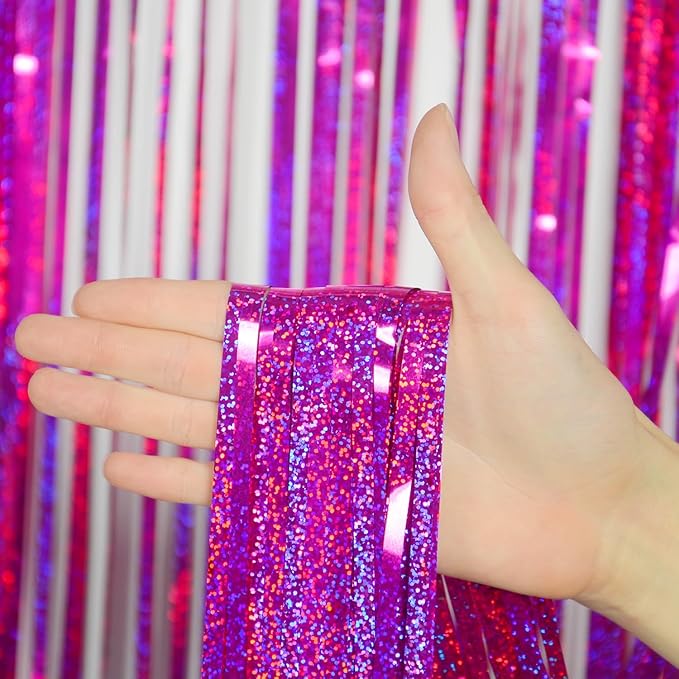Melsan 2 Pack 3.2 ft x 8.2 ft Hot Pink Tinsel Foil Fringe Curtains Backdrop - Image 5