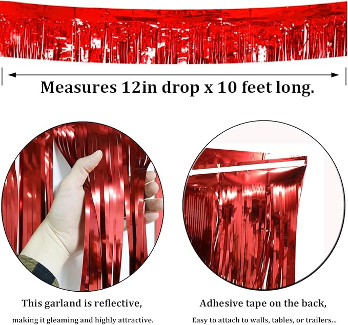 6 Pack Red Total 60 Feet Foil Fringe Garland Metallic Tinsel Banner Wall - Image 2