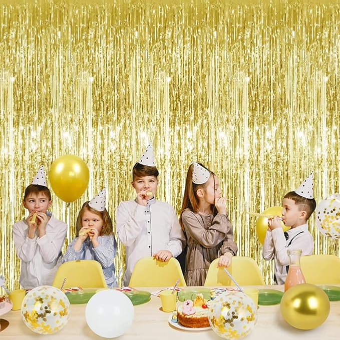 3Pcs Gold Metallic Tinsel Foil Fringe Curtains, 3.28ft x 6.56ft Gold Photo - Image 6