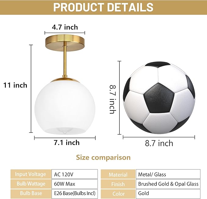 Gold Semi Flush Mount Ceiling Light Fixture Milk Glass Light Fixture Mid - Image 5