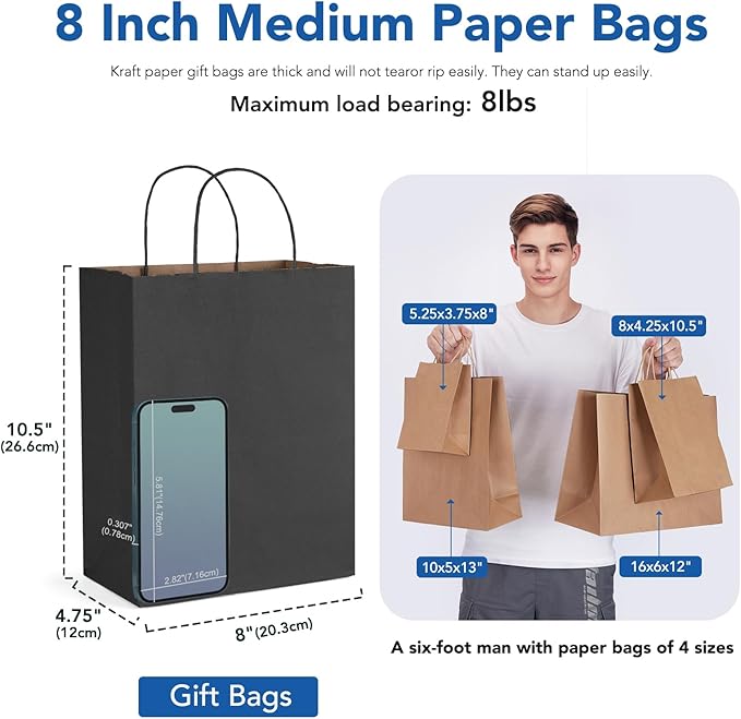 GSSUSA 100 Pack, 8x4.25x10 Black Paper Gift Bags - Image 2