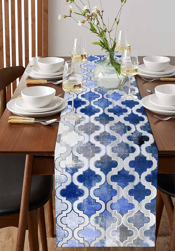 Blue Morocco Plaid Cotton Linen Table Runner - Image 2