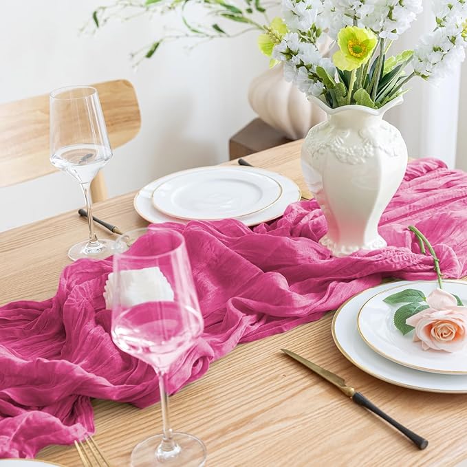 Asee'm 4pcs Cheesecloth Table Runner 120 Inches Long Deep Pink Boho Gauze - Image 5