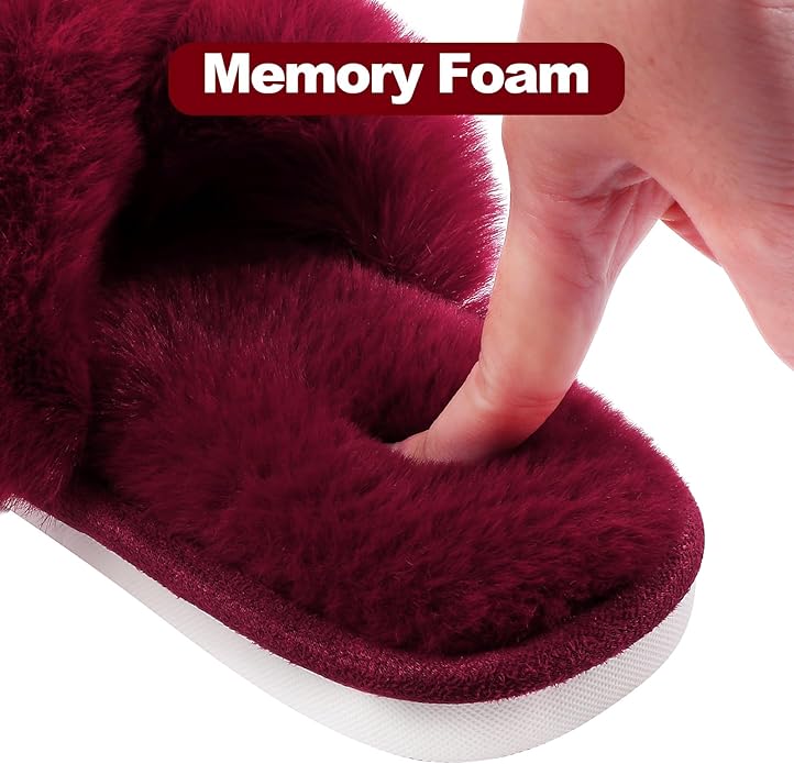 Evshine Women's Fuzzy Slippers Cross Band Memory Foam House Slippers Open Toe - Image 4