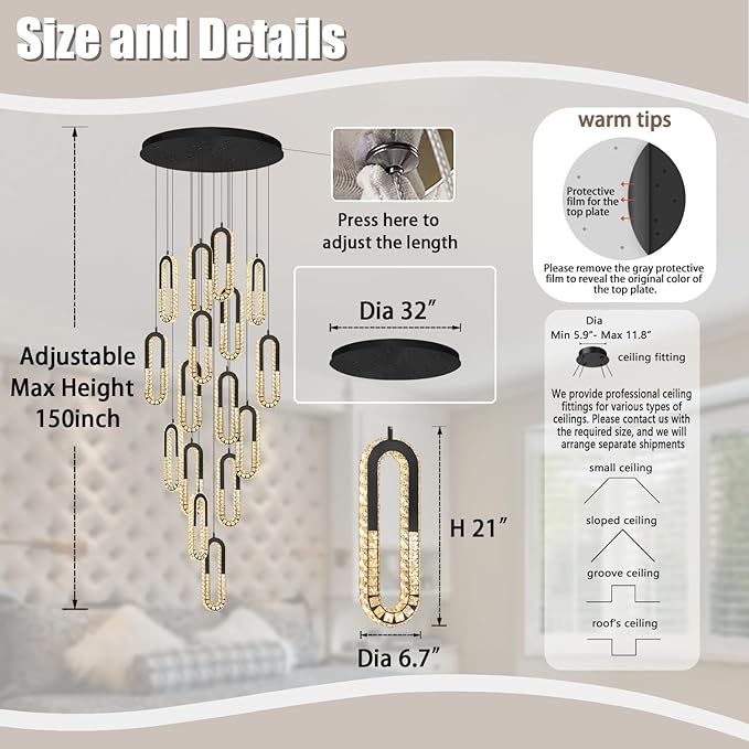 Large Staircase Crystal Chandeliers 16-Light Modern foyers Entrance 150" Long - Image 3