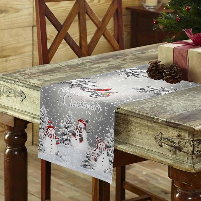 Christmas Snowman Cotton Linen Table Runner - Image 3