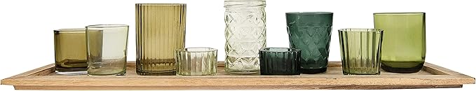 Creative Co-Op Wood Tray with 9 Green Glass Votive Holders by CreativeCo-Op