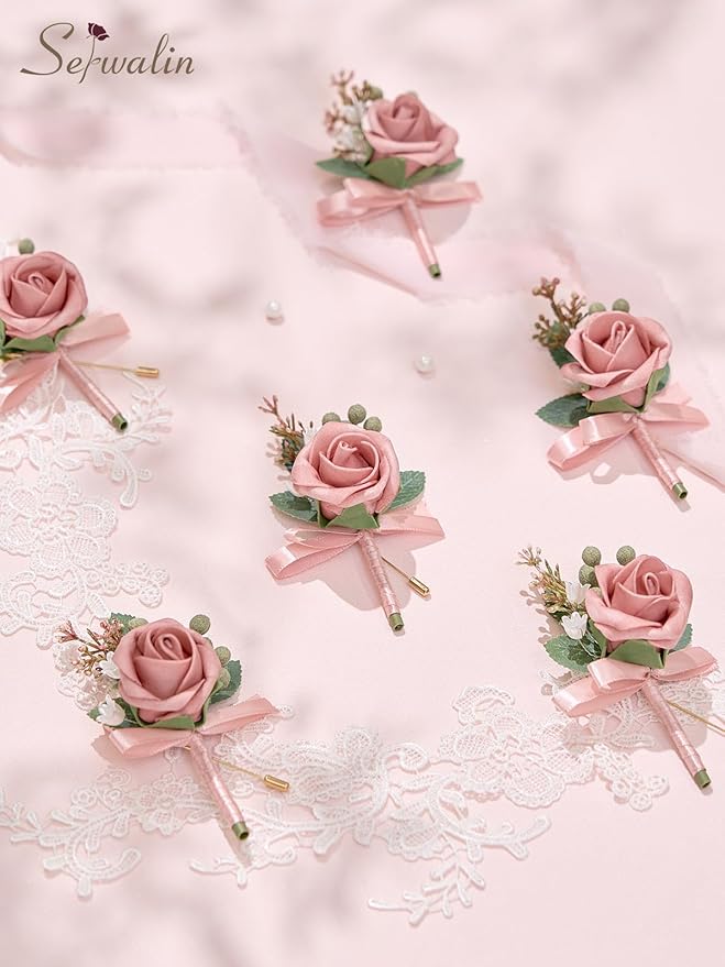 Serwalin 10Pcs Boutonniere for Men, Artificial Flowers for Wedding Decor - Image 6