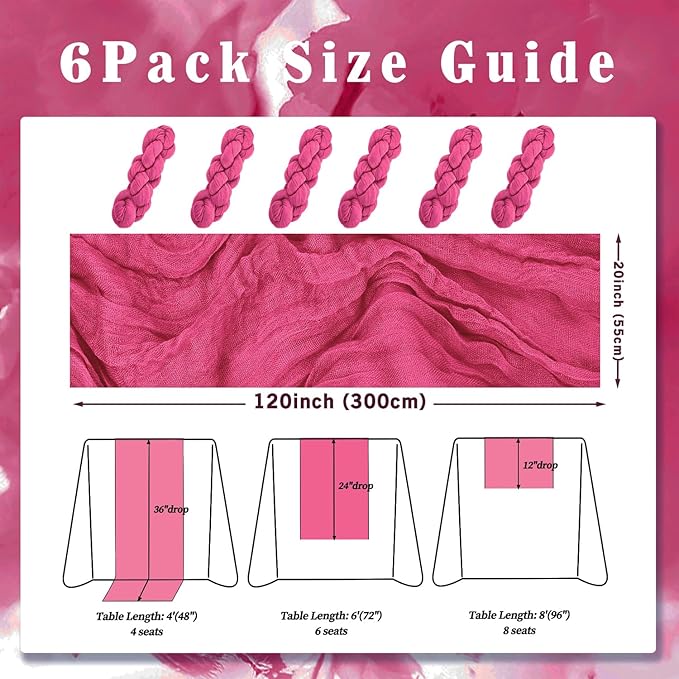 Hot Pink 6 Pack Cheesecloth Table Runner 10FT Boho Fabric Rustic Cheese Cloth - Image 2