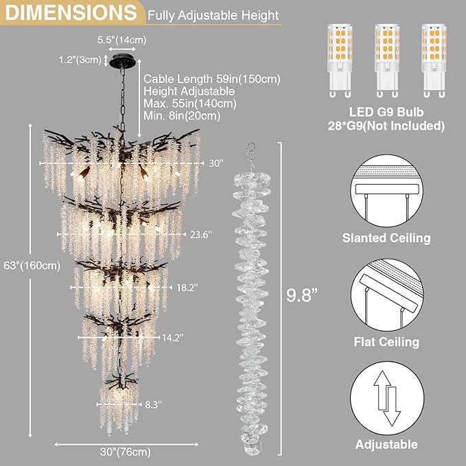 118'' Black Branch High Ceiling Chandelier, 28-Light Modern Long Tree - Image 3