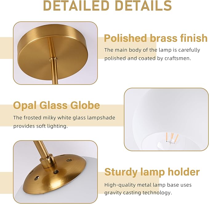 Gold Semi Flush Mount Ceiling Light Fixture Milk Glass Light Fixture Mid - Image 6