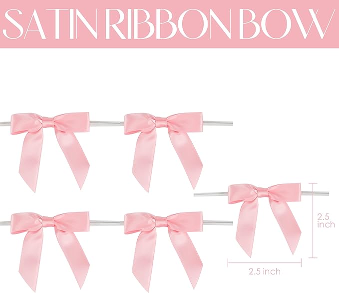 AIMUDI Baby Pink Satin Ribbon Twist Tie Bows 2.5" Light Pink Pretied Bows - Image 2