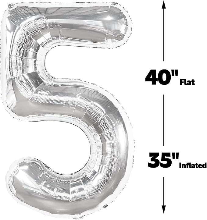 Silver 40 Inch Large Number 5 Birthday Balloon, Five 5th 15 25 35 50 55 - Image 2