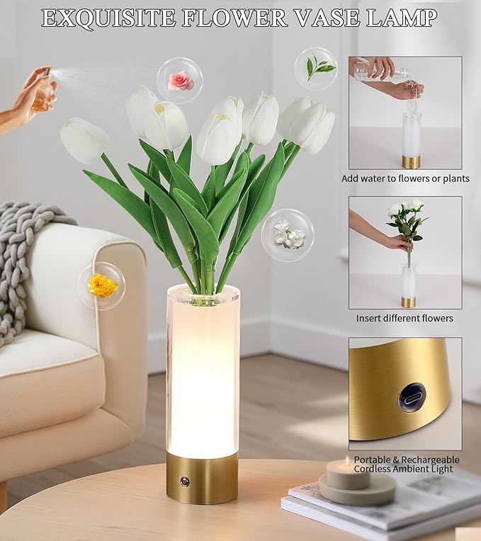 Flower Night Light, Touch Vase Lamp, Rechargeable Cordless Table Lamp, Dimming - Image 3