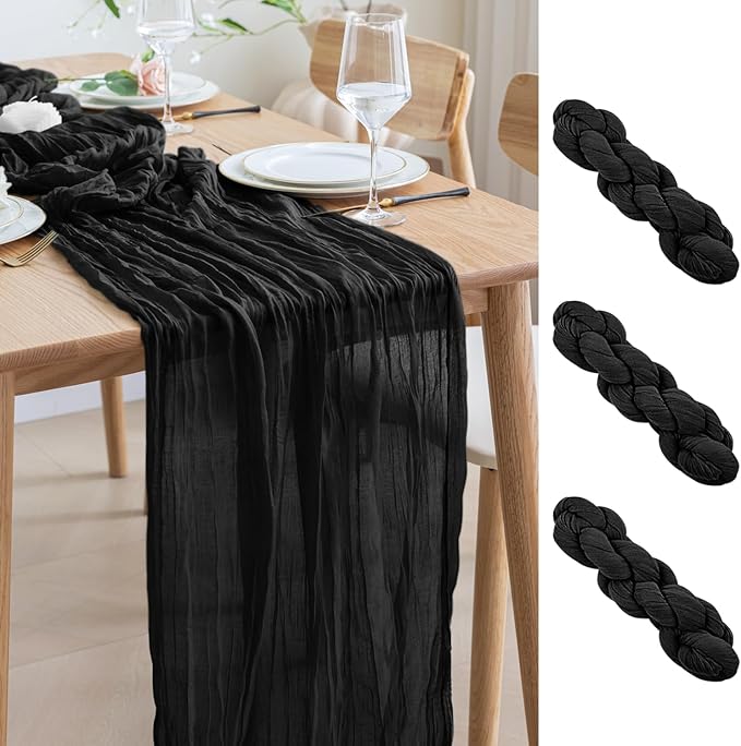 Asee'm 3pcs Cheesecloth Table Runner 120 Inches Long Black Boho Gauze Cheese by Aseem